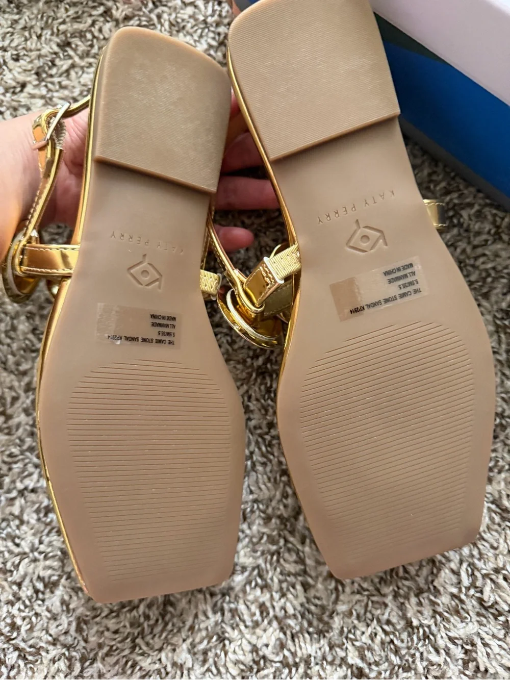 Katy Perry Collections Gold Metallic Sandals with Blue Jewel Accents - Picture 5 of 10